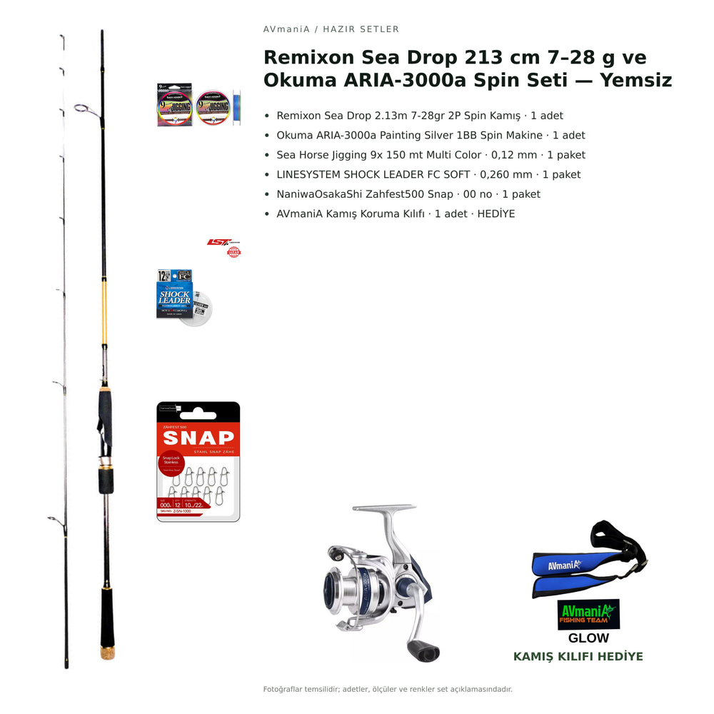 Remixon Sea Drop 213 cm 7–28 g ve Okuma ARIA-3000a Spin Seti — Yemsiz — kamış koruma kılıfı hediyeli