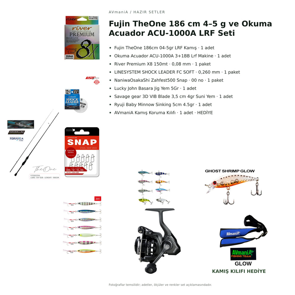 Fujin TheOne 186 cm 4–5 g ve Okuma Acuador ACU-1000A LRF Seti — kamış koruma kılıfı hediyeli