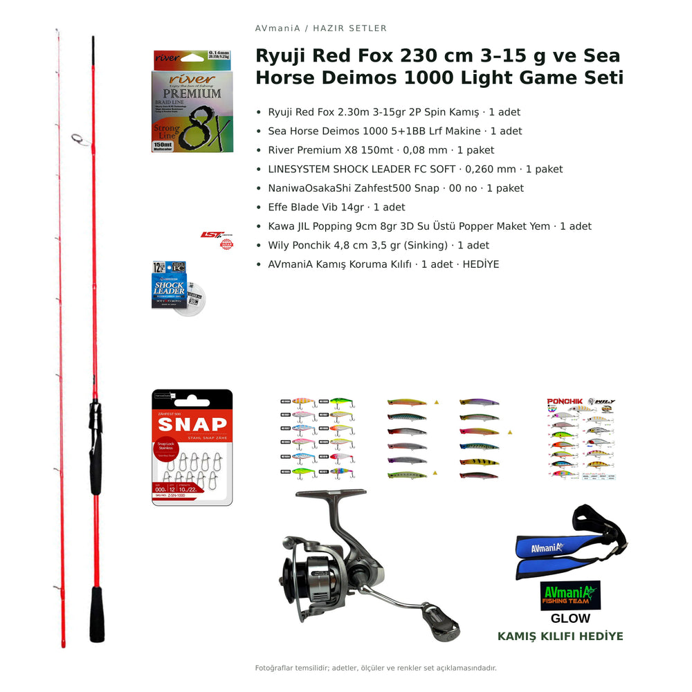 Ryuji Red Fox 230 cm 3–15 g ve Sea Horse Deimos 1000 Light Game Seti — kamış koruma kılıfı hediyeli