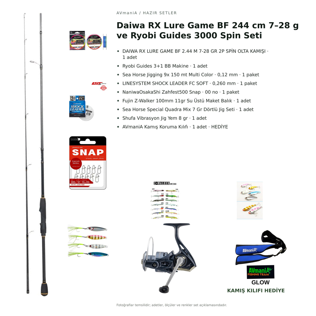Daiwa RX Lure Game BF 244 cm 7–28 g ve Ryobi Guides 3000 Spin Seti — kamış koruma kılıfı hediyeli