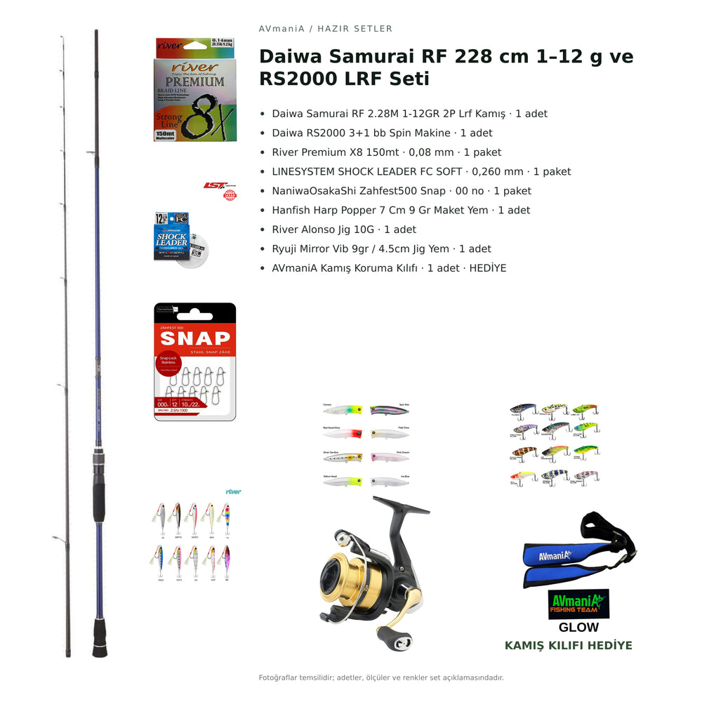 Daiwa Samurai RF 228 cm 1–12 g ve RS2000 LRF Seti — kamış koruma kılıfı hediyeli