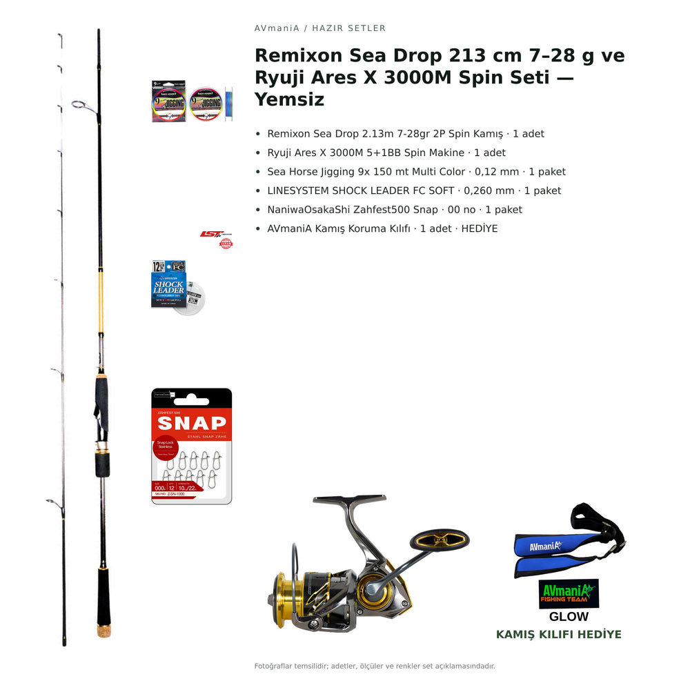 Remixon Sea Drop 213 cm 7–28 g ve Ryuji Ares X 3000M Spin Seti — Yemsiz — kamış koruma kılıfı hediyeli