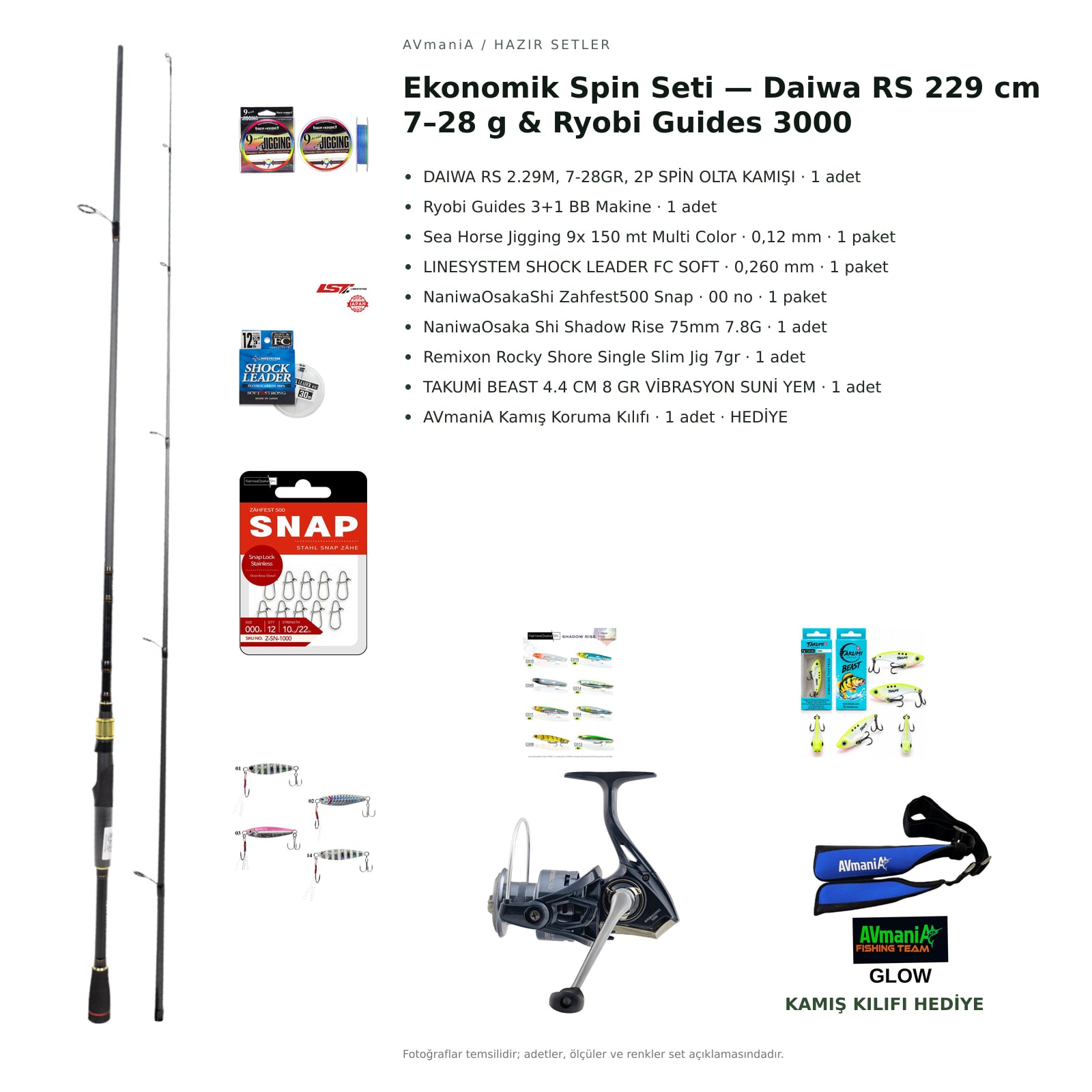 AVmaniA Ekonomik Spin Seti — Daiwa RS 229 cm 7–28 g & Ryobi Guides 3000 — kamış koruma kılıfı hediyeli