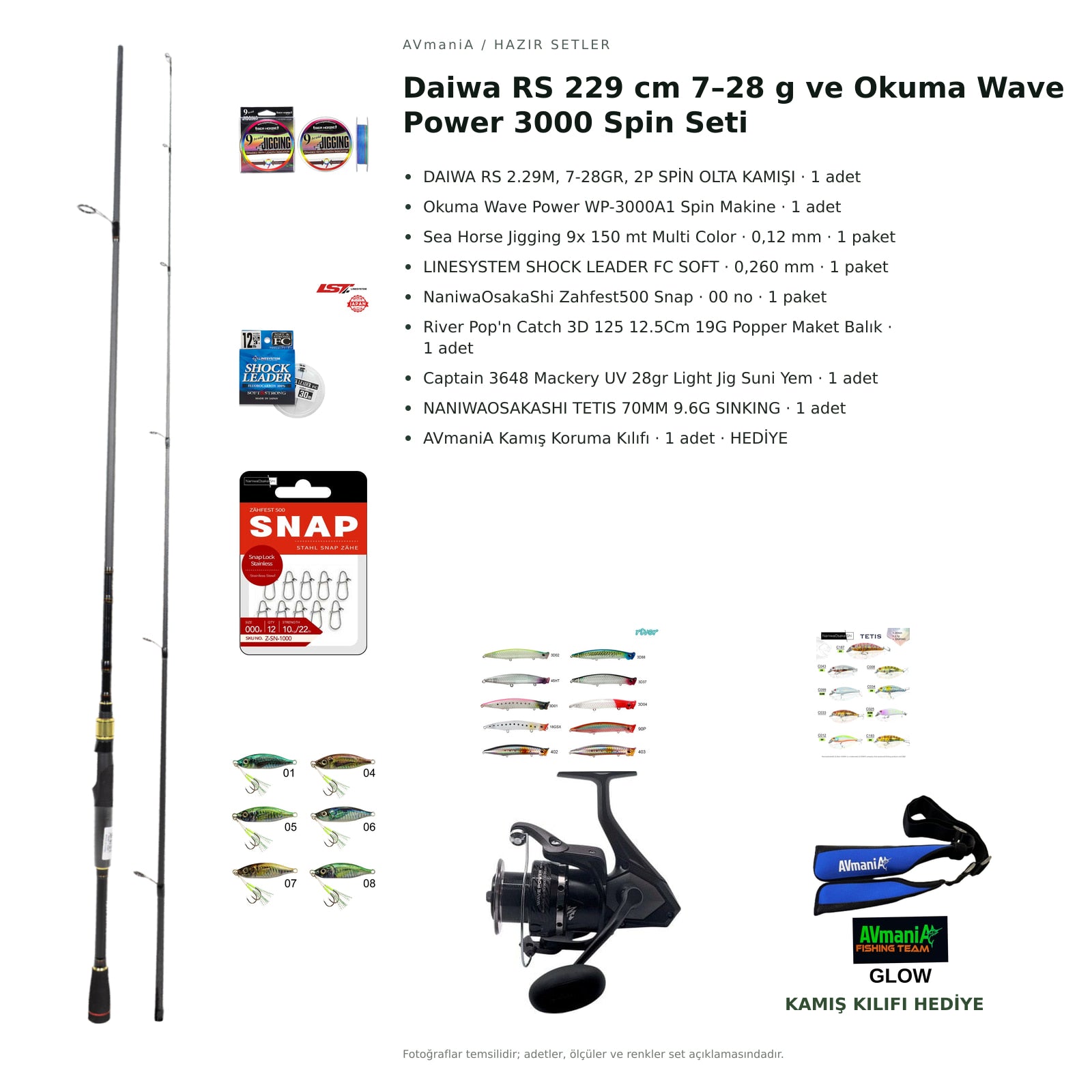 Daiwa RS 229 cm 7–28 g ve Okuma Wave Power 3000 Spin Seti — kamış koruma kılıfı hediyeli