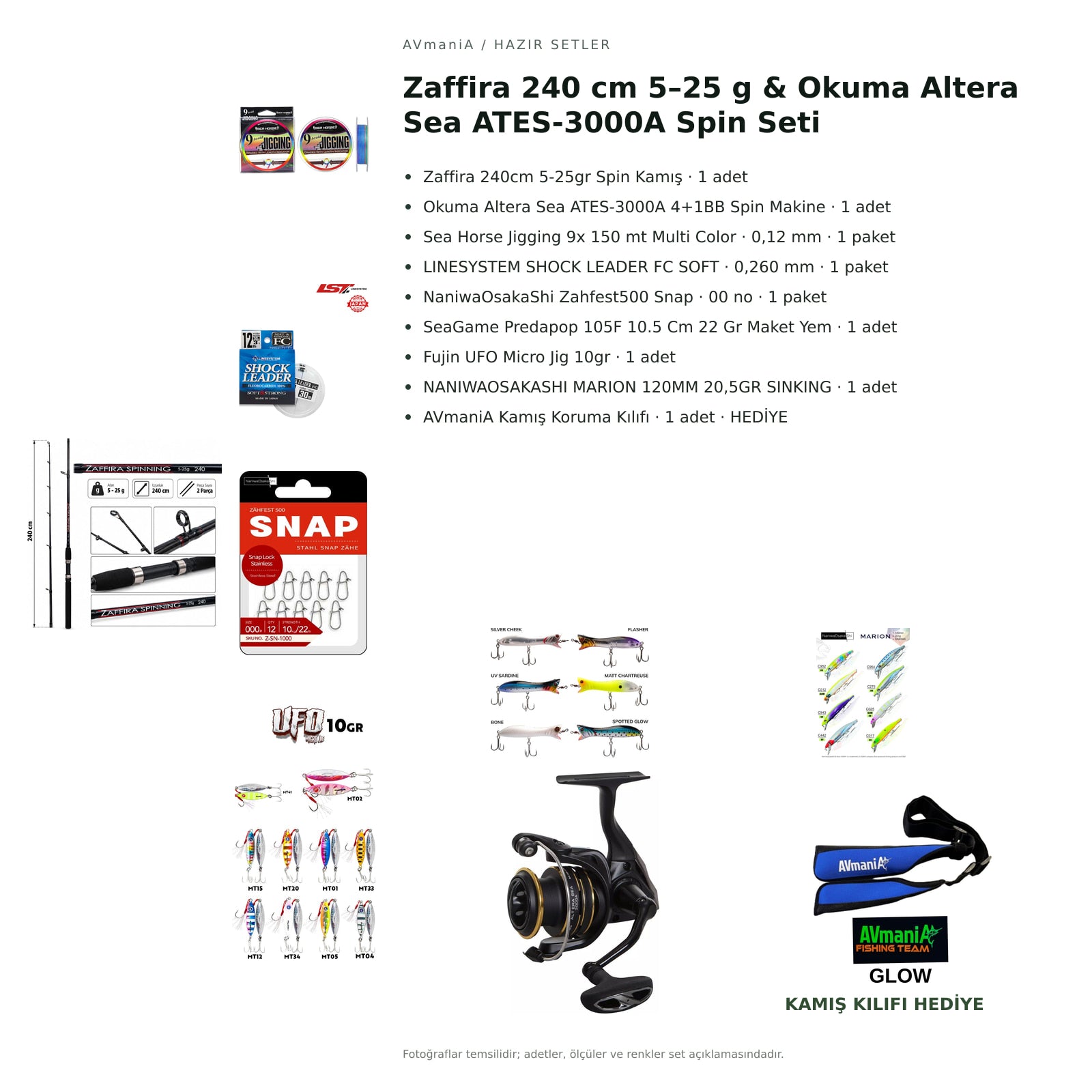 Zaffira 240 cm 5–25 g & Okuma Altera Sea ATES-3000A Spin Seti — kamış koruma kılıfı hediyeli