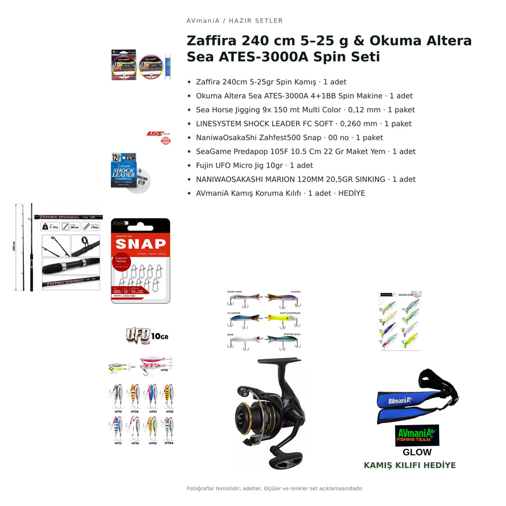 Zaffira 240 cm 5–25 g & Okuma Altera Sea ATES-3000A Spin Seti — kamış koruma kılıfı hediyeli