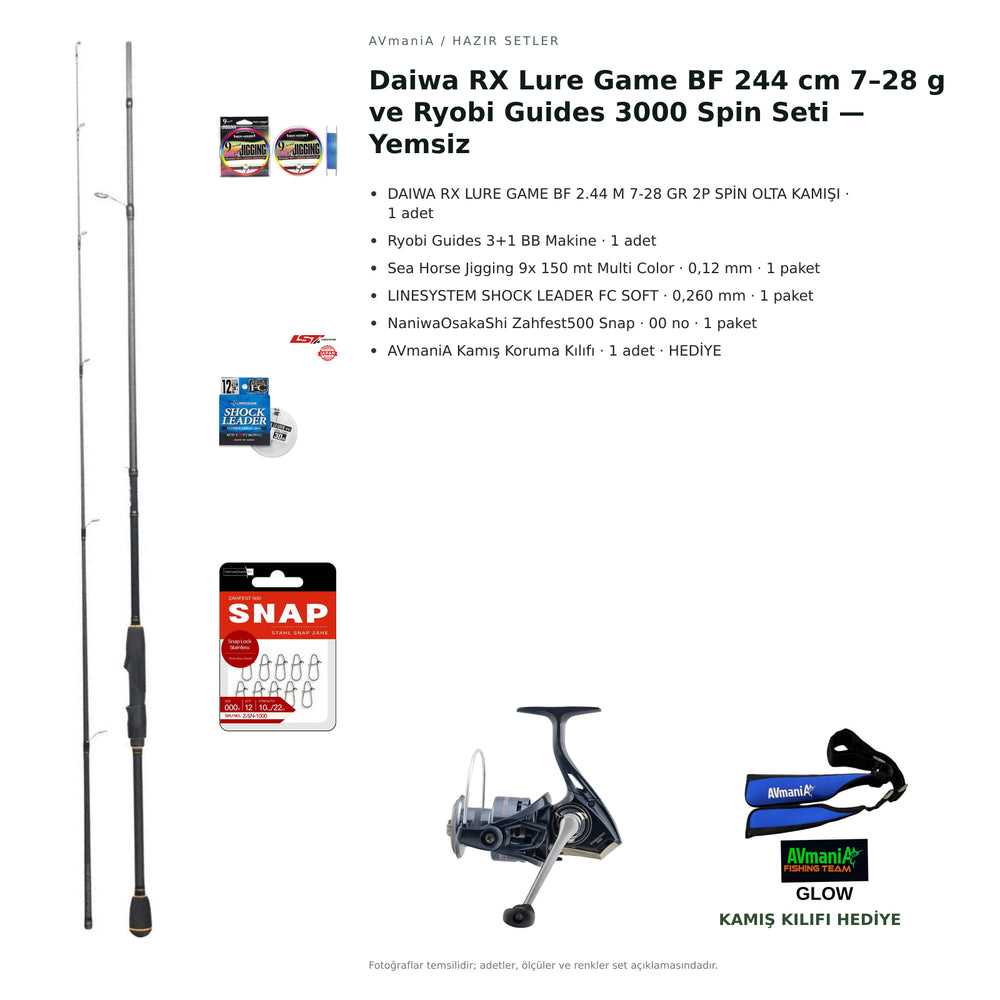 Daiwa RX Lure Game BF 244 cm 7–28 g ve Ryobi Guides 3000 Spin Seti — Yemsiz — kamış koruma kılıfı hediyeli
