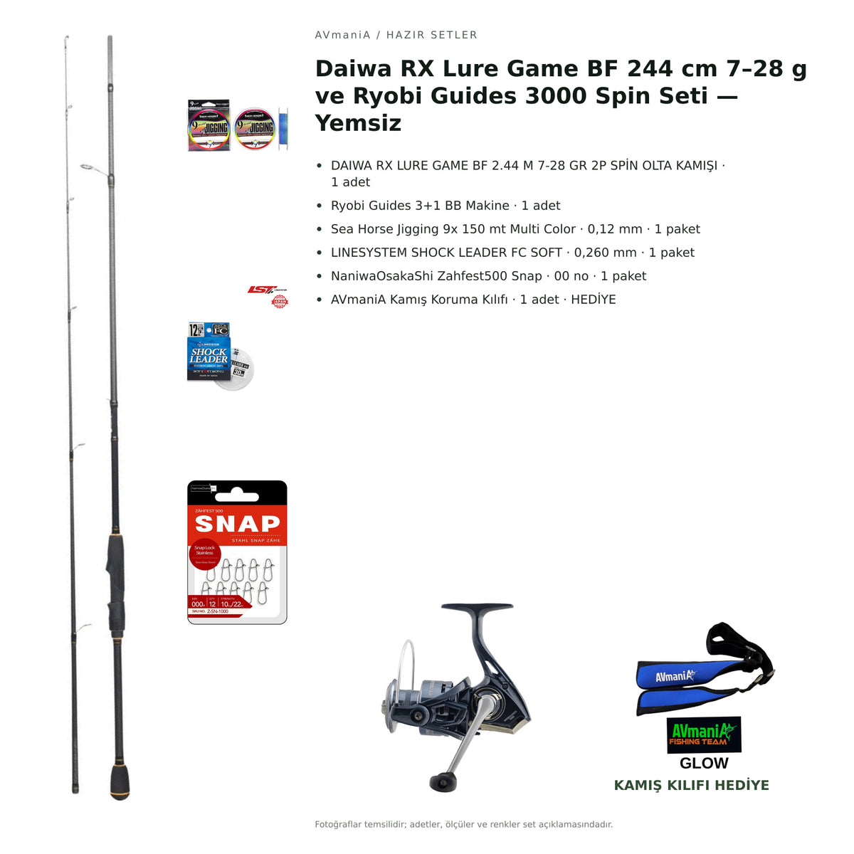 Daiwa RX Lure Game BF 244 cm 7–28 g ve Ryobi Guides 3000 Spin Seti — Yemsiz — kamış koruma kılıfı hediyeli
