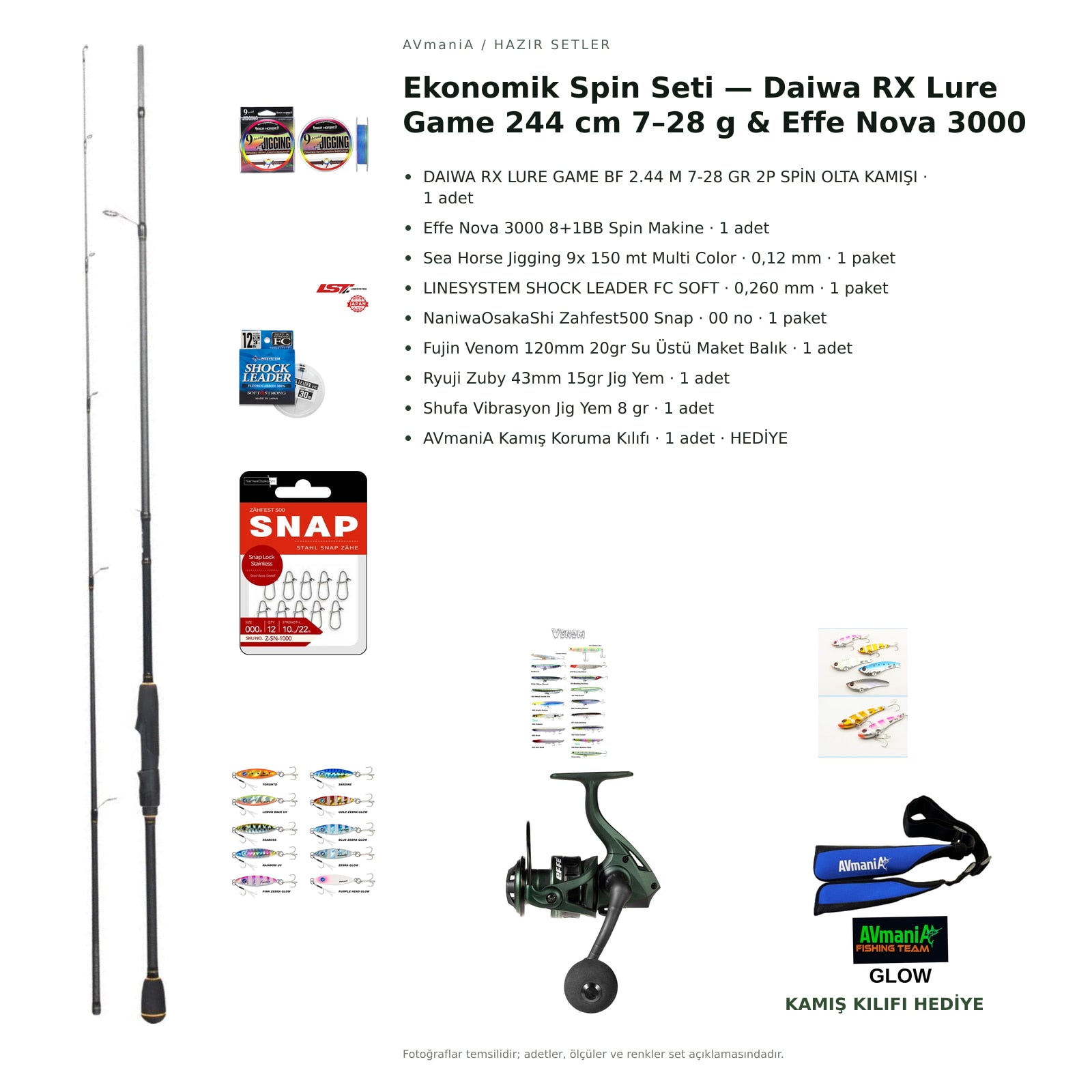 AVmaniA Ekonomik Spin Seti — Daiwa RX Lure Game 244 cm 7–28 g & Effe Nova 3000 — kamış koruma kılıfı hediyeli
