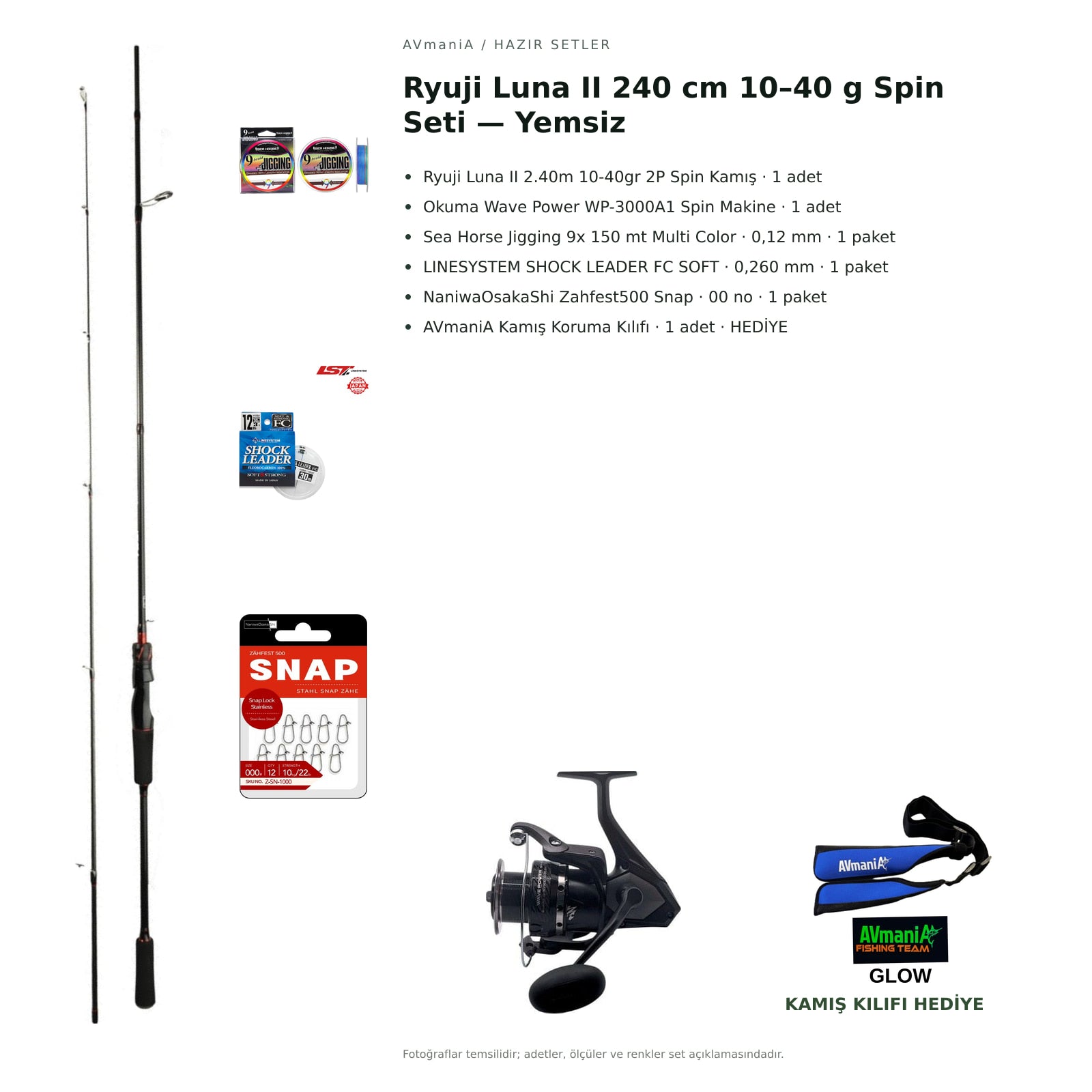 Ryuji Luna II 240 cm 10–40 g Spin Seti — Yemsiz — kamış koruma kılıfı hediyeli